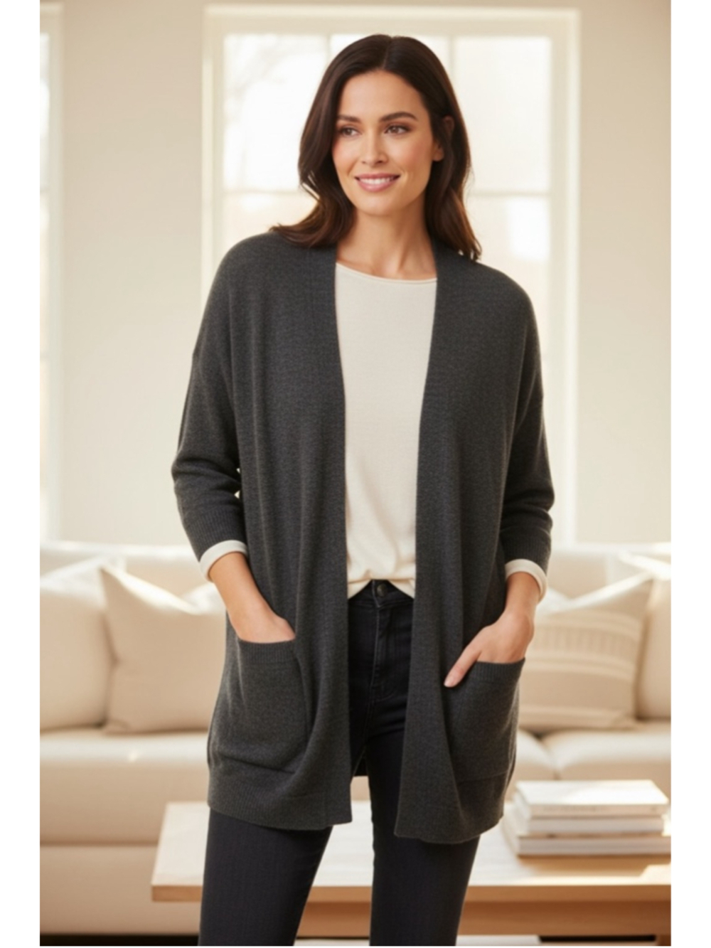 Monk & Lou Grey Open Front Cardigan Small Soft Knit Cozy Pockets